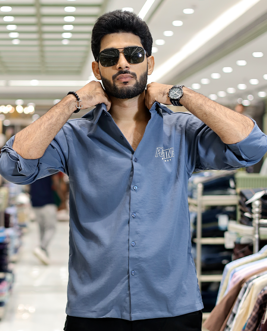 Blue Poly-Blended Back Flap Casual Shirt