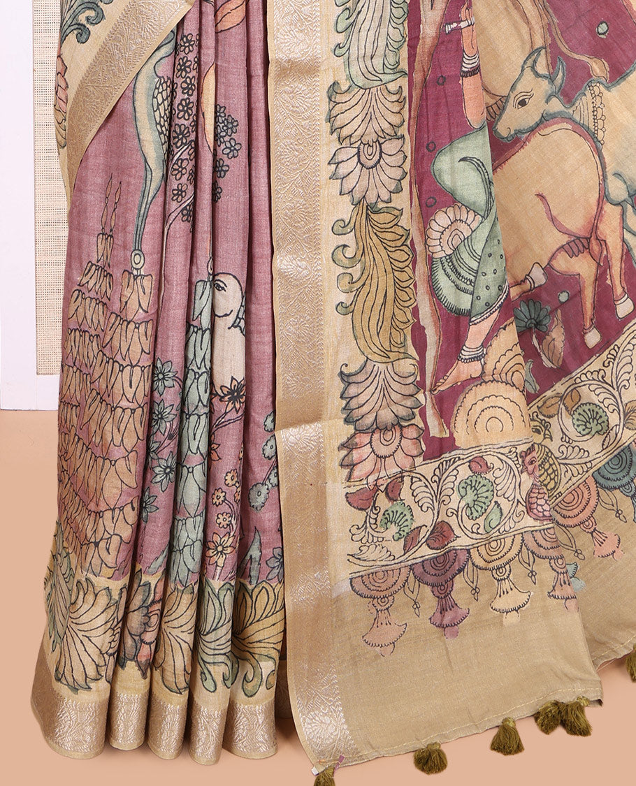 Onion Pink Kalamkari Printed Fancy Tussar Saree