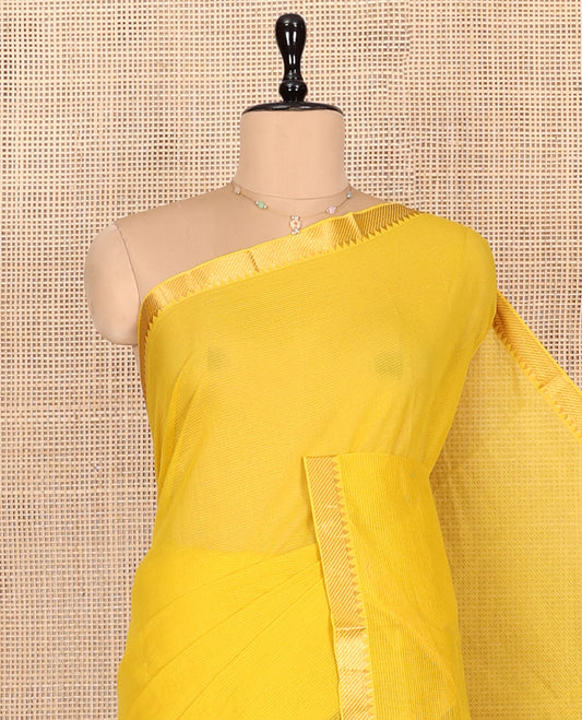 Yellow Plain Andhra Cotton Saree, Crafted with Temple Zari Border, Contrast Striped Pallu, and a Contrast Blouse