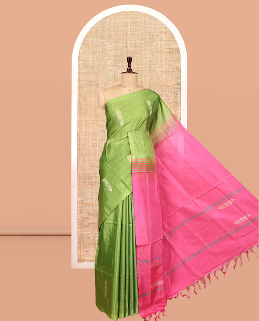Borderless Parrot Green Banana Pith Saree, Woven with Buttas and Stripes, Complemented by a Contrast Pallu of Stripes and Buttas, and a Contrast Blouse