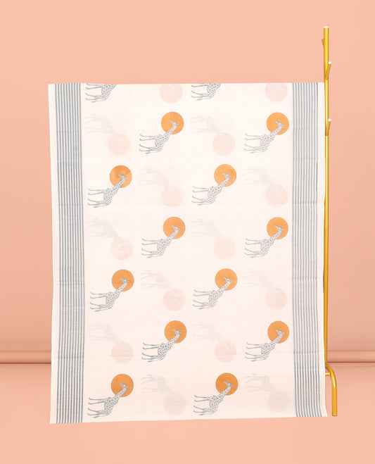 Cream Kerala Cotton Saree, Enthralled with Sun and Giraffe Motifs, a Subtle Striped Border, and a Matching Blouse