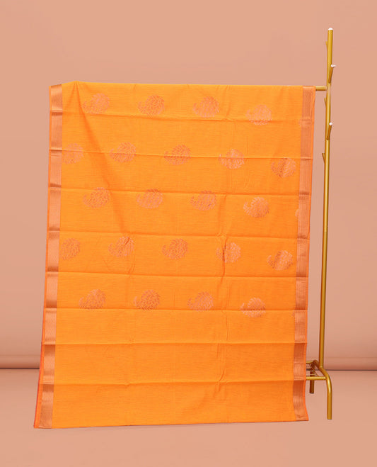 Yellow Semi-Silk Cotton Saree, Sparsely Threaded with Paisley Zari Buttas All Over Its Body, Highlighted by a Zari Border, Pallu of Floral and Paisley Design, and Paired with a Matching Blouse