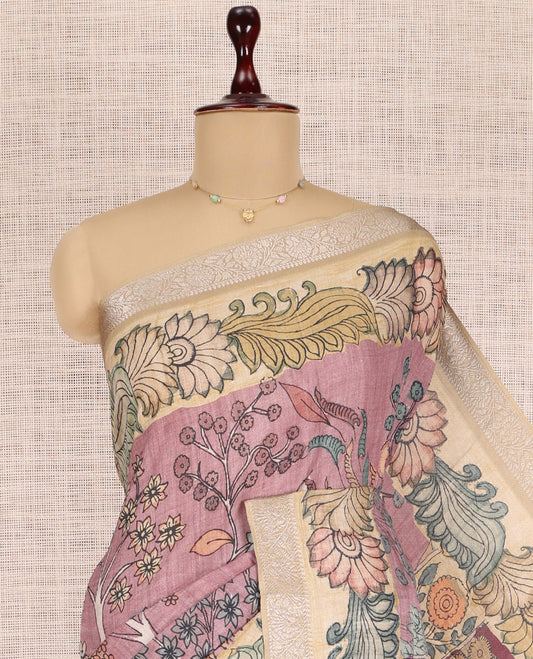 Onion Pink Kalamkari Printed Fancy Tussar Saree