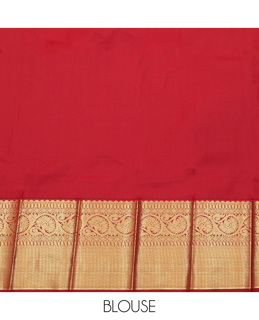 Green Budget Silk Saree, Decorated with Zari Buttas All Over Its Body, Complemented by a Contrast Traditional Zari Border of Floral Creeper Designs, Grand Pallu of Floral Designs, and Paired with a Contrast Blouse