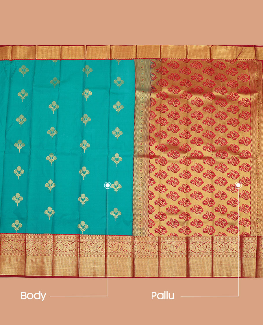Green Budget Silk Saree, Decorated with Zari Buttas All Over Its Body, Complemented by a Contrast Traditional Zari Border of Floral Creeper Designs, Grand Pallu of Floral Designs, and Paired with a Contrast Blouse