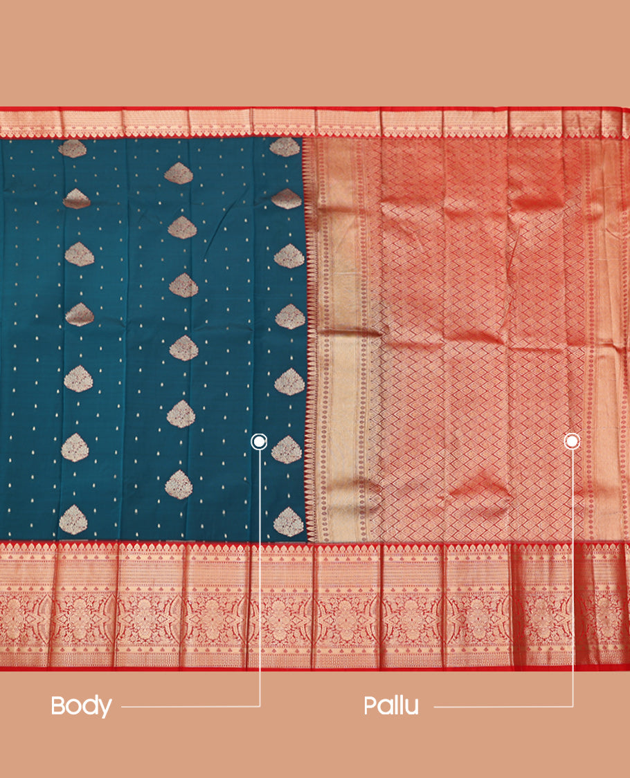 Blue Budget Silk Saree, Crafted with Zari Buttas, Complemented by a Contrast Traditional Zari Border, Jaal Pallu, and a Contrast Blouse