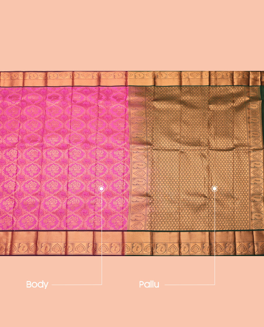 Rani Pink Budget Silk Saree, Elevated with Jacquard Design, Contrast Traditional Zari Border, Grand Pallu, and a Contrast Blouse