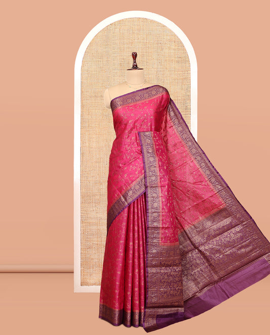 Pink Tussar Silk Saree, Bedecked with Floral Jaal Jacquard Design, a Contrast Zari Floral Creeper Border, Grand Pallu, and a Contrast Blouse