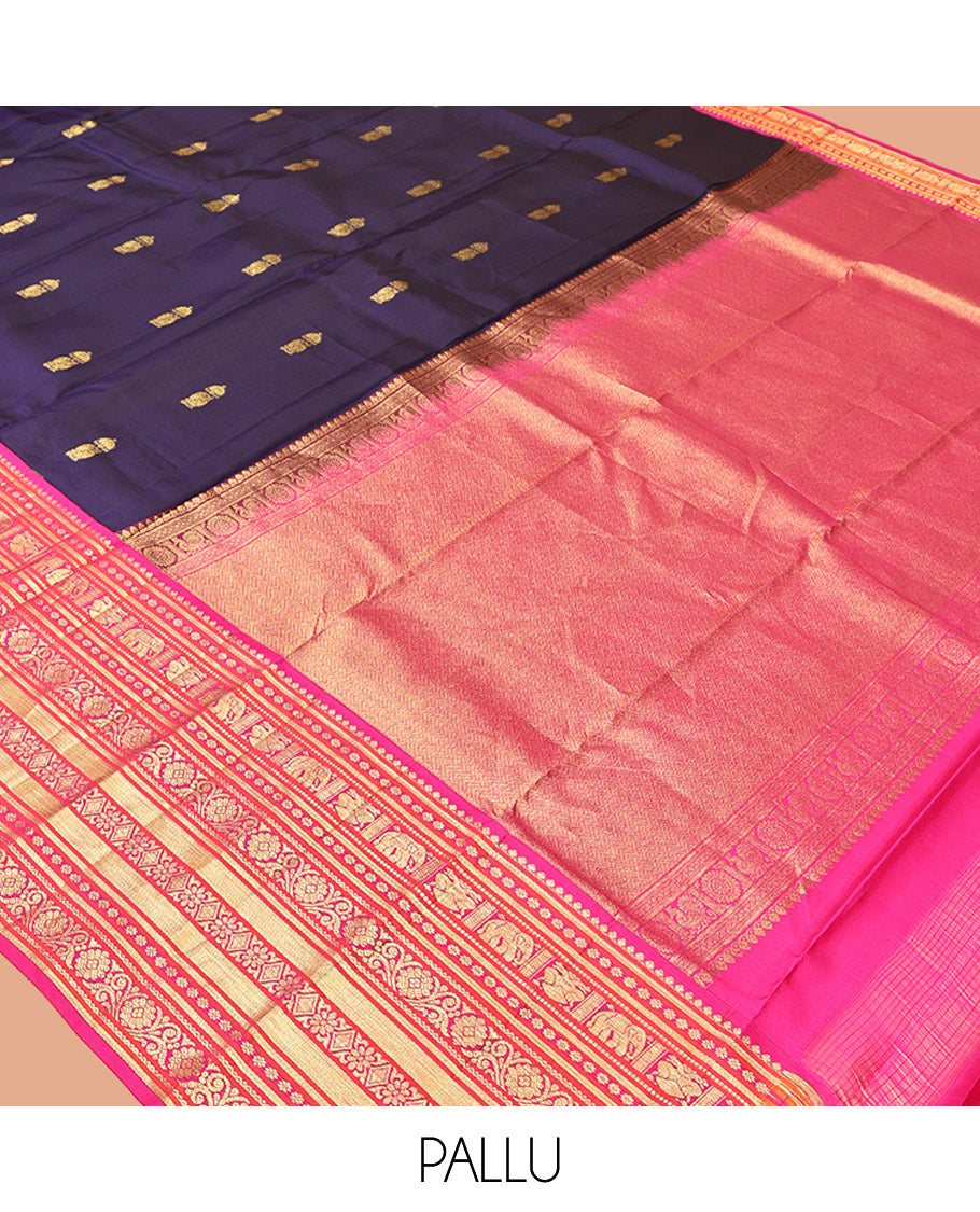 Blue Vasundhara Silk Saree, Embellished with Zari Buttas All Over Its Body, Complemented by a Contrast Border of Thilakam Mokku, Yaanai, Iruthalai Pakshi, and Kodi Visiry Designs, Grand Pallu, and Paired with a Contrast Blouse