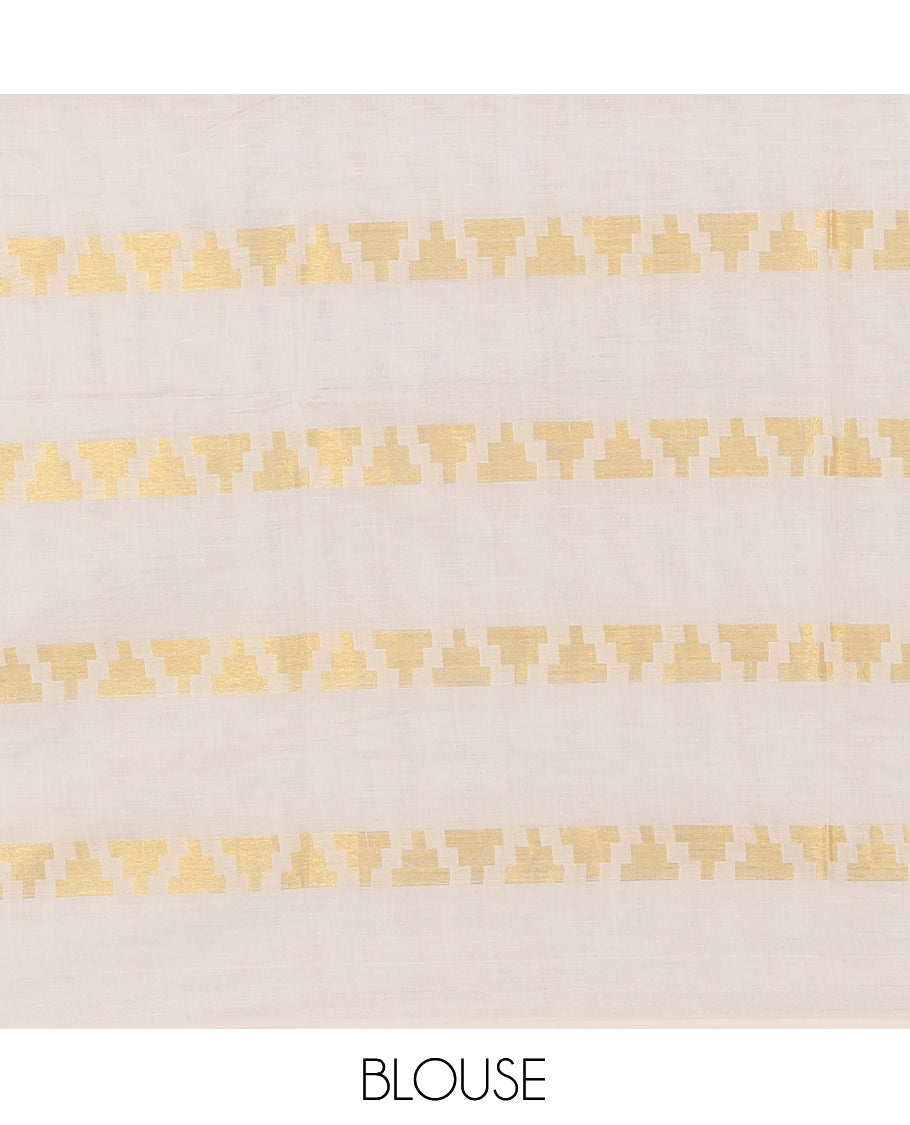 Borderless Cream Kerala Cotton Saree, Steeped with Temple Buttas, and a Matching Blouse