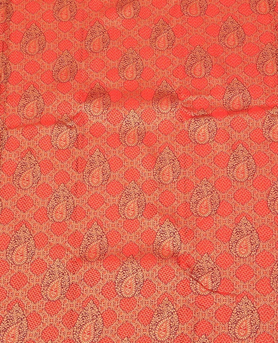 Red Art Silk Pavadai Material Set, Embellished with Jacquard Design on Its Skirt, Complemented by a Contrast Zari Design Border, and Paired with a Contrast Blouse