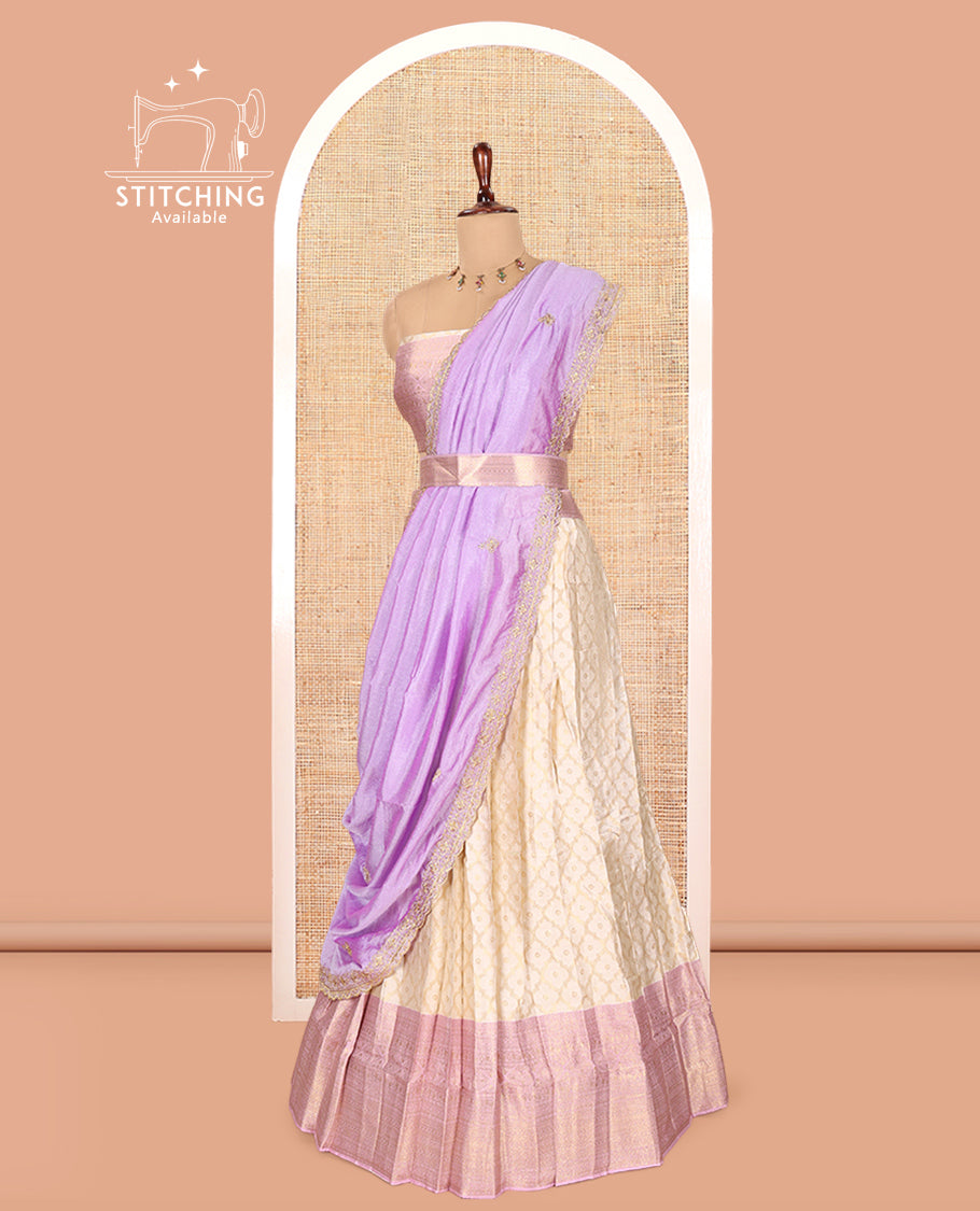 Cream-Light Lavender Semi-Silk Half-Saree