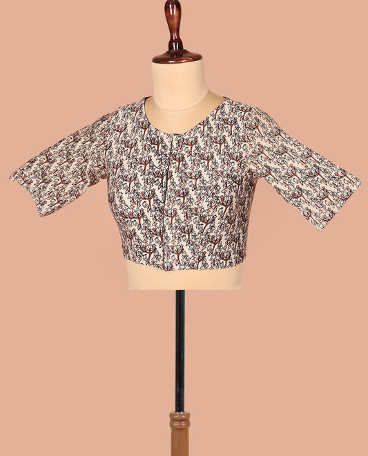 Off-White Readymade Blouse Adorned with Floral-Bird Theme Print, Featuring Front Round Neck, Back Closed Neck, and Elbow Sleeves