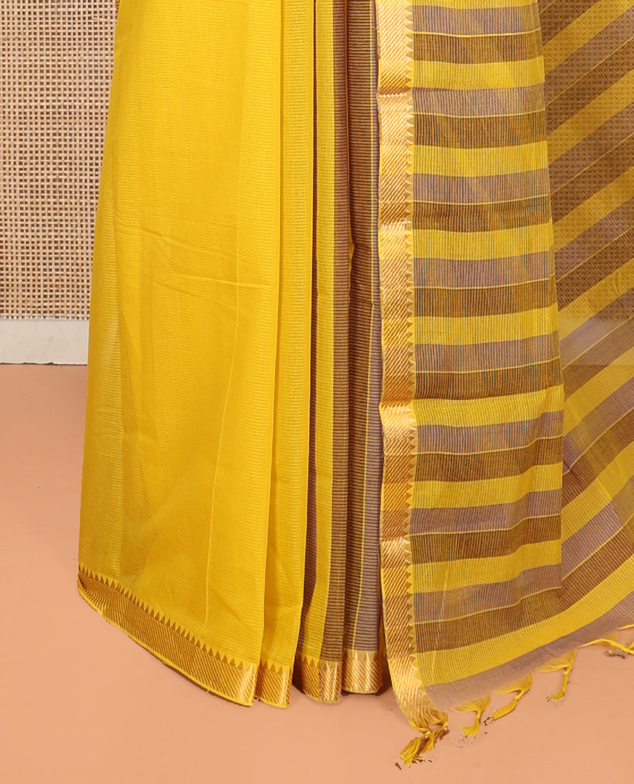 Yellow Plain Andhra Cotton Saree, Crafted with Temple Zari Border, Contrast Striped Pallu, and a Contrast Blouse