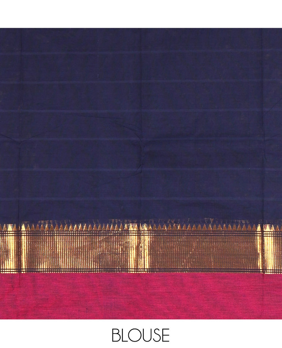 Navy Blue Striped Chettinad Cotton Saree, Complemented by a Contrast Kal Eragina Traditional Border and a Matching Blouse