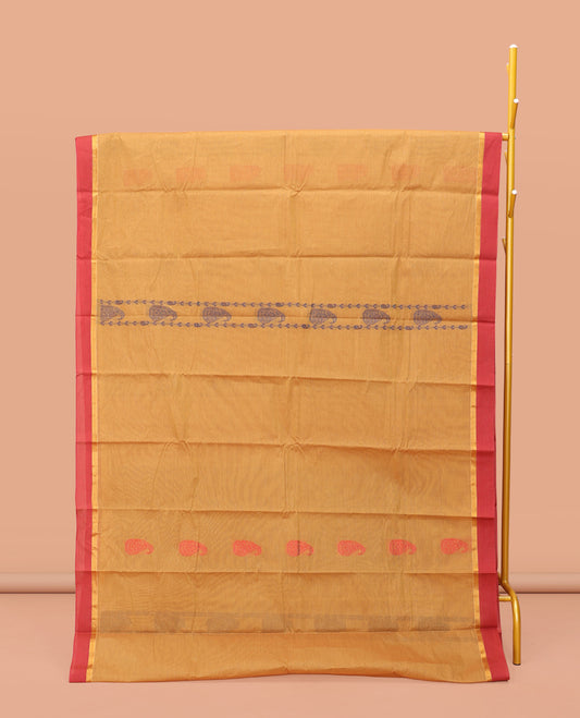 Mustard Kanchi Cotton Saree Features Paisley Buttas and Stripes on Its Body, Complemented by a Contrast Border, Paisley Vine Pallu, and a Matching Blouse