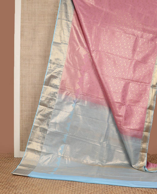 Pink jacquard budget silk saree, contrast traditional zari border, and traditional motifs steeped pallu