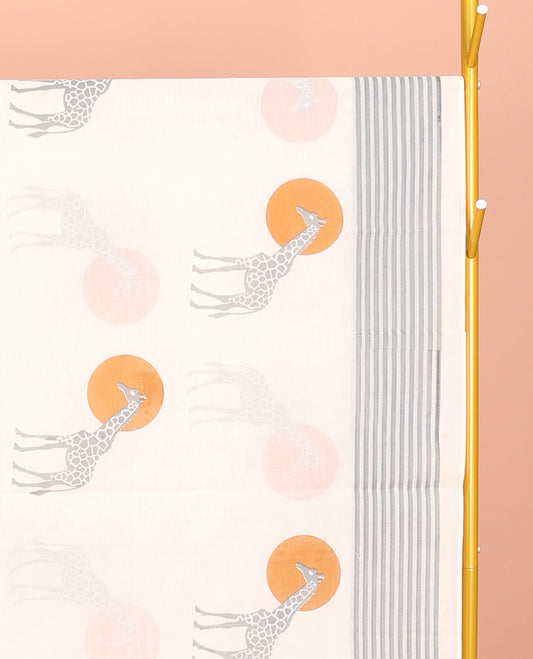 Cream Kerala Cotton Saree, Enthralled with Sun and Giraffe Motifs, a Subtle Striped Border, and a Matching Blouse