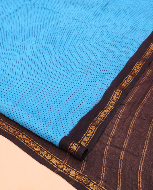 Blue Nine Yard Cotton Saree, Steeped with Polka Dots, Complemented by Contrast Peacock-Paisley Border, Pallu of Stripes, and Comes Without a Blouse