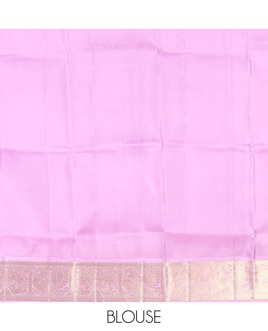 Pink Vasundhara Silk Saree Elevated with Yaanai and Mayil Buttas, Complemented by a Contrast Border of Muthu, Kathir, Mayil, and Yaanai Designs, Pallu Embellished with Diagonal Stripes, and Paired with a Contrast Blouse