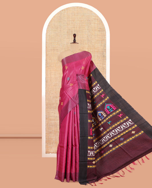 Pink Tussar Saree Featuring Pasapalli Buttas, a Contrast Plain Border, Intricately Woven Pallu, and a Contrast Blouse
