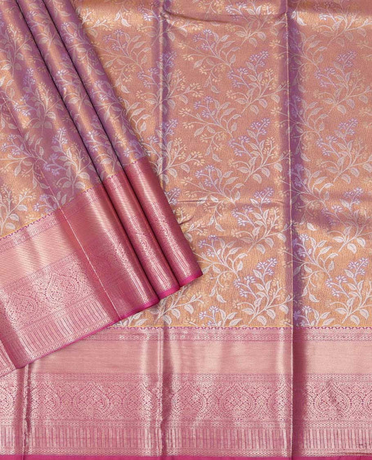 Brown floral design art silk pavadai material with contrast zari design border & floral zari design blouse