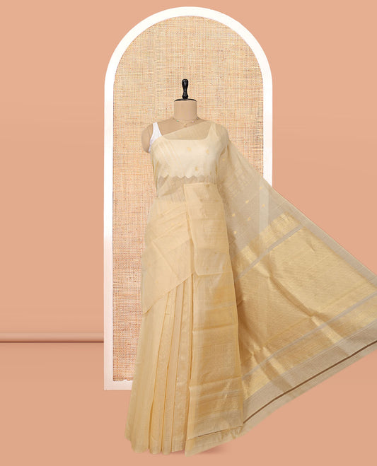 Borderless Gold Silk Cotton Saree, Steeped with Zari Stripes and Buttas, Diagonally Striped Pallu, and a Matching Blouse