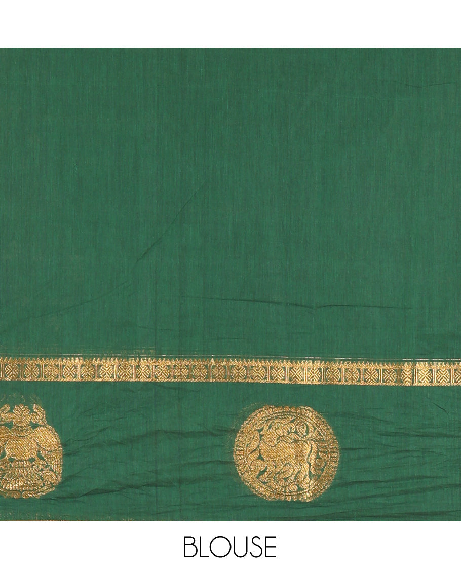 Green Chettinad Cotton Saree, Decorated with Zari Stripes, a Zari Iruthalai Pakshi-Yaali Border, Grand Pallu, and a Matching Blouse