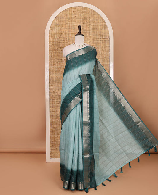 Blue ombre vertical striped Manipuri tussar saree, contrast traditional zari border, striped pallu & running blouse