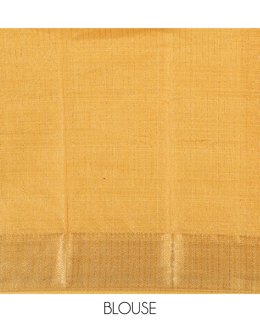 White and Yellow  Dola Silk Saree Decked Up with Vertical Zari Stripes All Over the Body, Complemented by a Contrast Border of Traditional Zari Designs, Self-Pallu of Stripes, and Paired with a Contrast Blouse