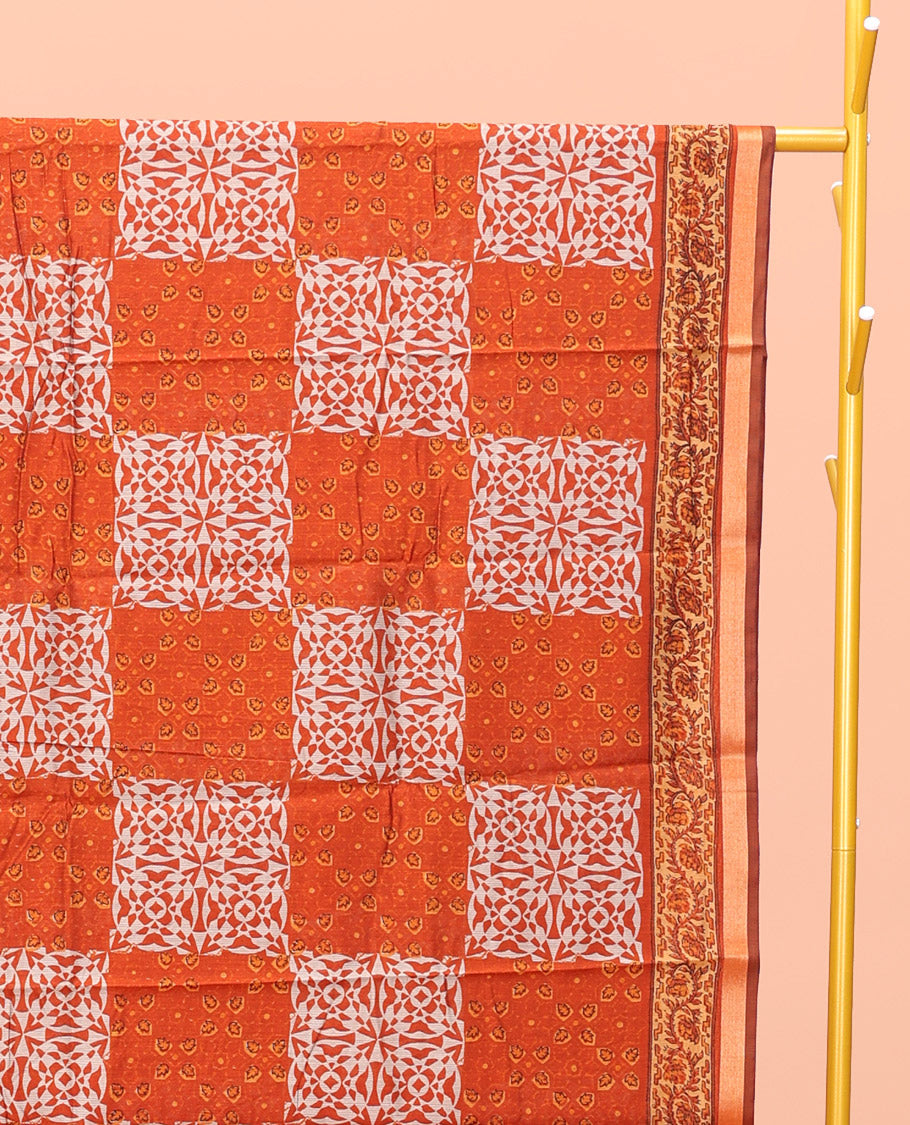 Orange Kanchi Cotton Saree, Adorned with Geometric Patterns Printed All Over Its Body, a Subtle Border, Pallu of Floral and Chakra Print, and Paired with a Matching Blouse
