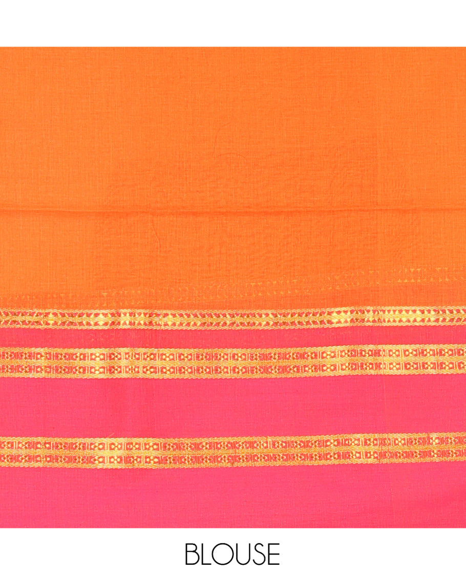 Orange Plain Khadi Mul Cotton Saree, Complemented by a Contrast Traditional Zari Design Border, a Self-Pallu, and a Matching Blouse