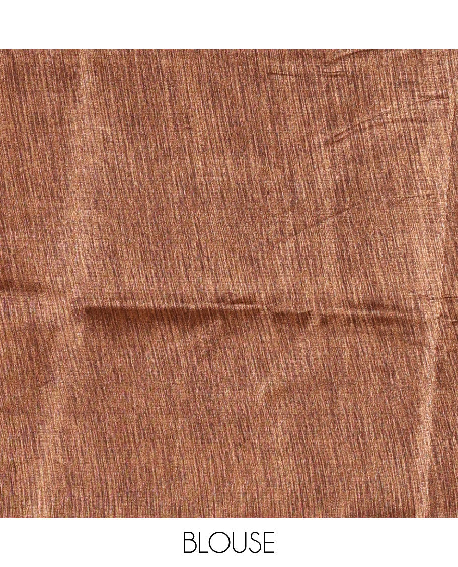 Brown Art Khadi Cotton Saree Beautified with Warli-Village Theme Print, Complemented with a Contrasting Chevron-Printed Border, Vibrantly Warli-Printed Pallu, and a Plain Blouse