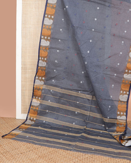 Dark grey motifs bengal cotton saree with contrast paisley design border & striped, floral design pallu