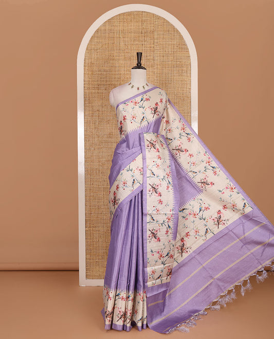 Lavender gold zari dotted buttas semi tussar saree, contrast temple border of floral vine, and sparrow motifs digital print, striped pallu, and printed blouse