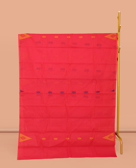 Red Kanchi Cotton Saree, Adorned with Buttas All Over Its Body, Subtle Thread Temple Border, Intricately Designed Pallu, and Paired with a Matching Blouse