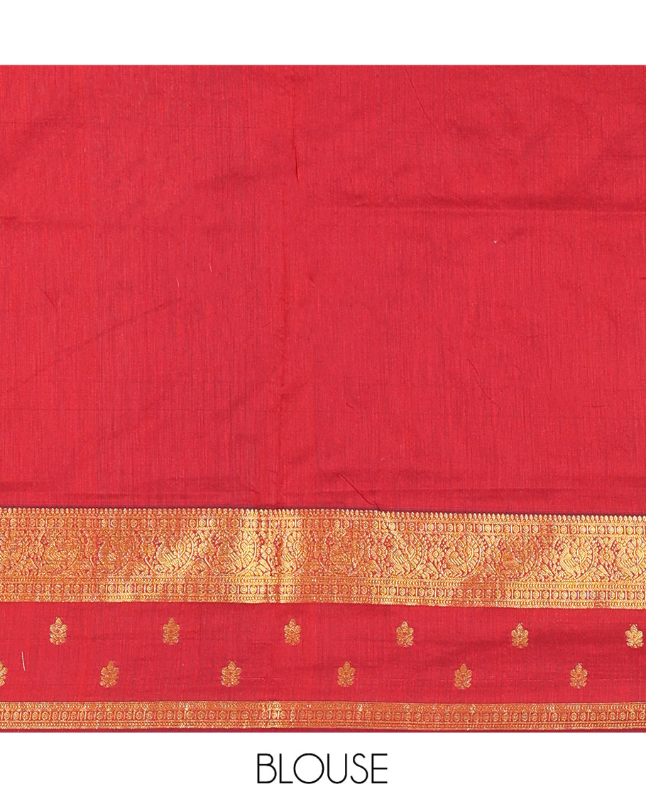Maroon Kalyani Cotton Saree, Delicately Woven with Buttas, a Traditional Zari Border, Grand Pallu, and a Matching Blouse