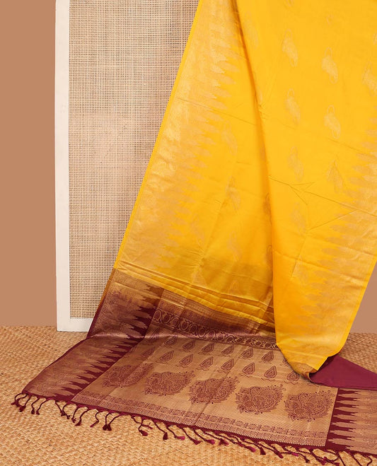 Orange leaf motifs soft silk saree with self zari design border & floral design pallu