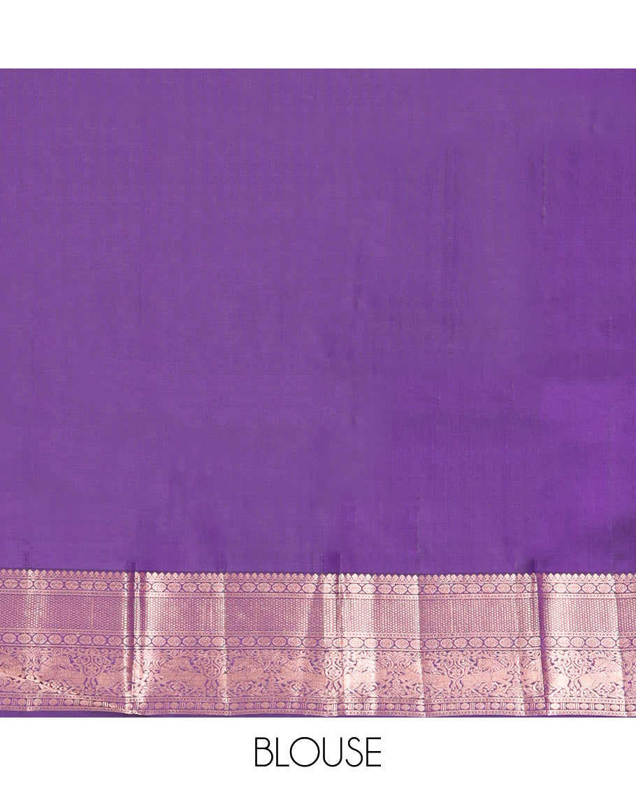 Violet Kanchipuram Silk Saree, Gleamed Up with Micro-Checks, Zari Border of Thilakam Mokku, Chakram, and Kuthirai Designs, Pallu of Jaal Design, and Matching Blouse