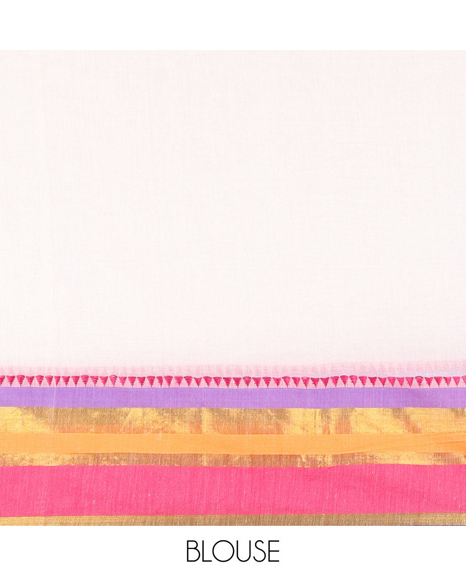 Cream Plain Khadi Mul Cotton Saree, Complemented by a Contrast Multi-Colored Temple Border, a Self-Pallu, and Paired with a Matching Blouse