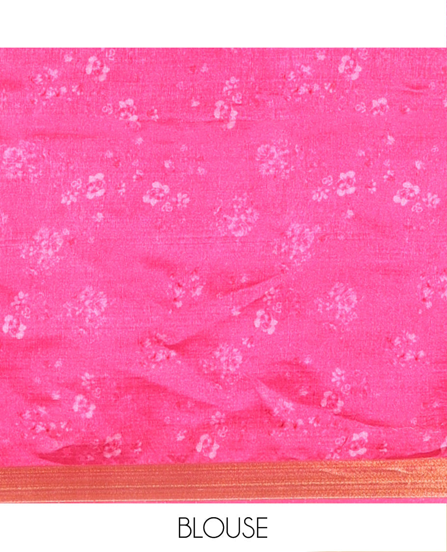 Mint Green Banana Pith Saree Prettified with Multi-Color Floral Vine Print, Subtle Small Bavanji Border, Gleaming Zari Striped Pallu, and Complemented with a Contrast Floral-Printed Blouse