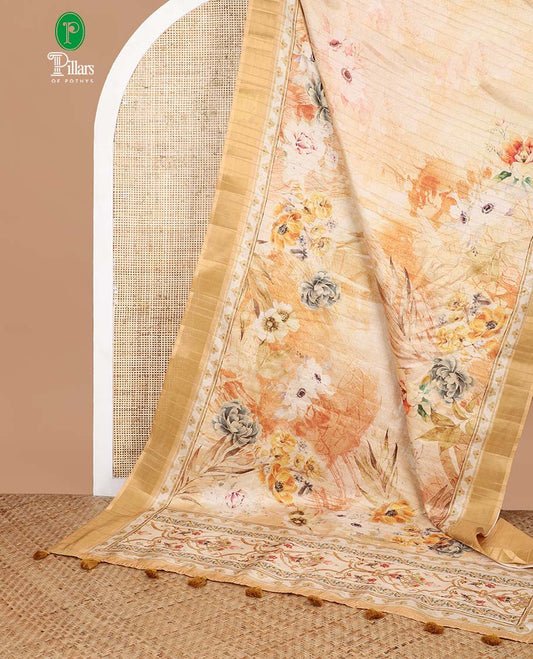 Chikku color with orange digital floral print, kadi print tussar silk saree with bhavanji border & floral print pallu along with plain blouse