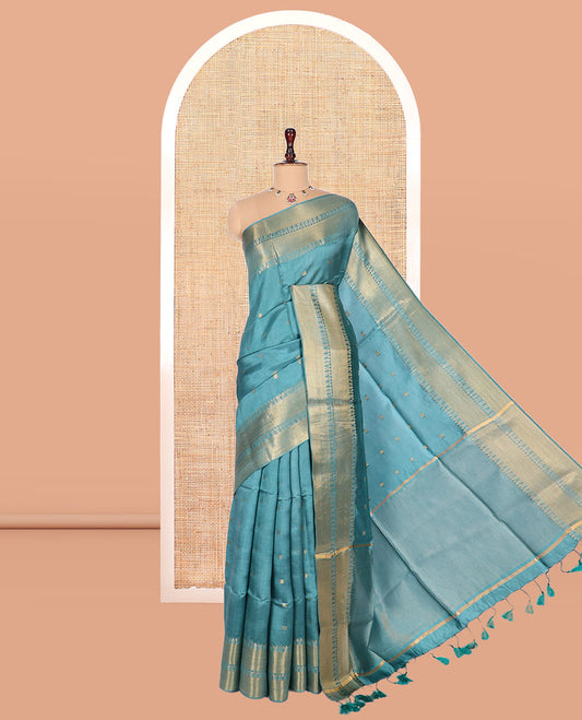 Blue Banana Pith Saree, Woven with Buttas, a Zari Temple Border, Striped Pallu, and Matching Blouse