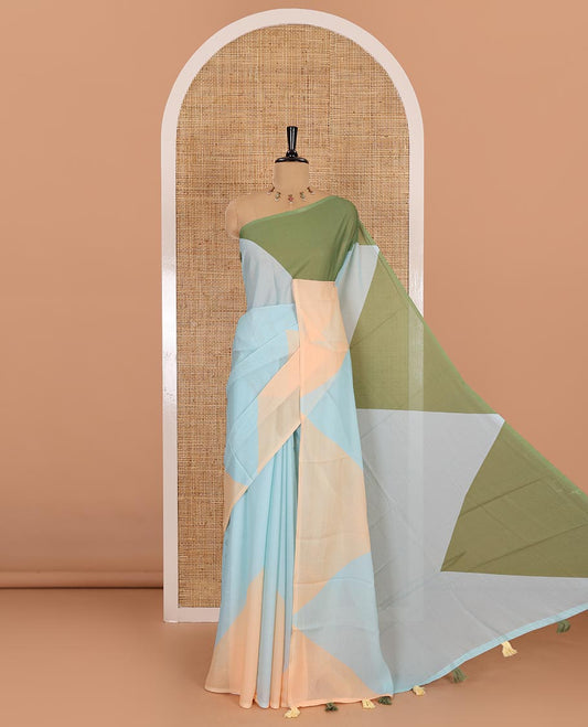 Borderless sea green plain moss chiffon saree, contrast double-sided temple border, self-pallu, and diamond-patterned printed blouse