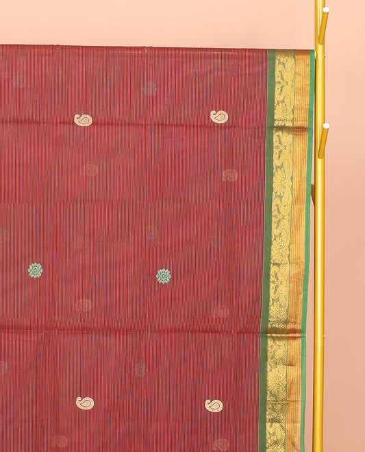 Rust Venkatagiri Cotton Saree, Woven with Buttas and Stripes, a Contrast Traditional Zari Border, Pallu of Buttas and Stripes, and No Blouse