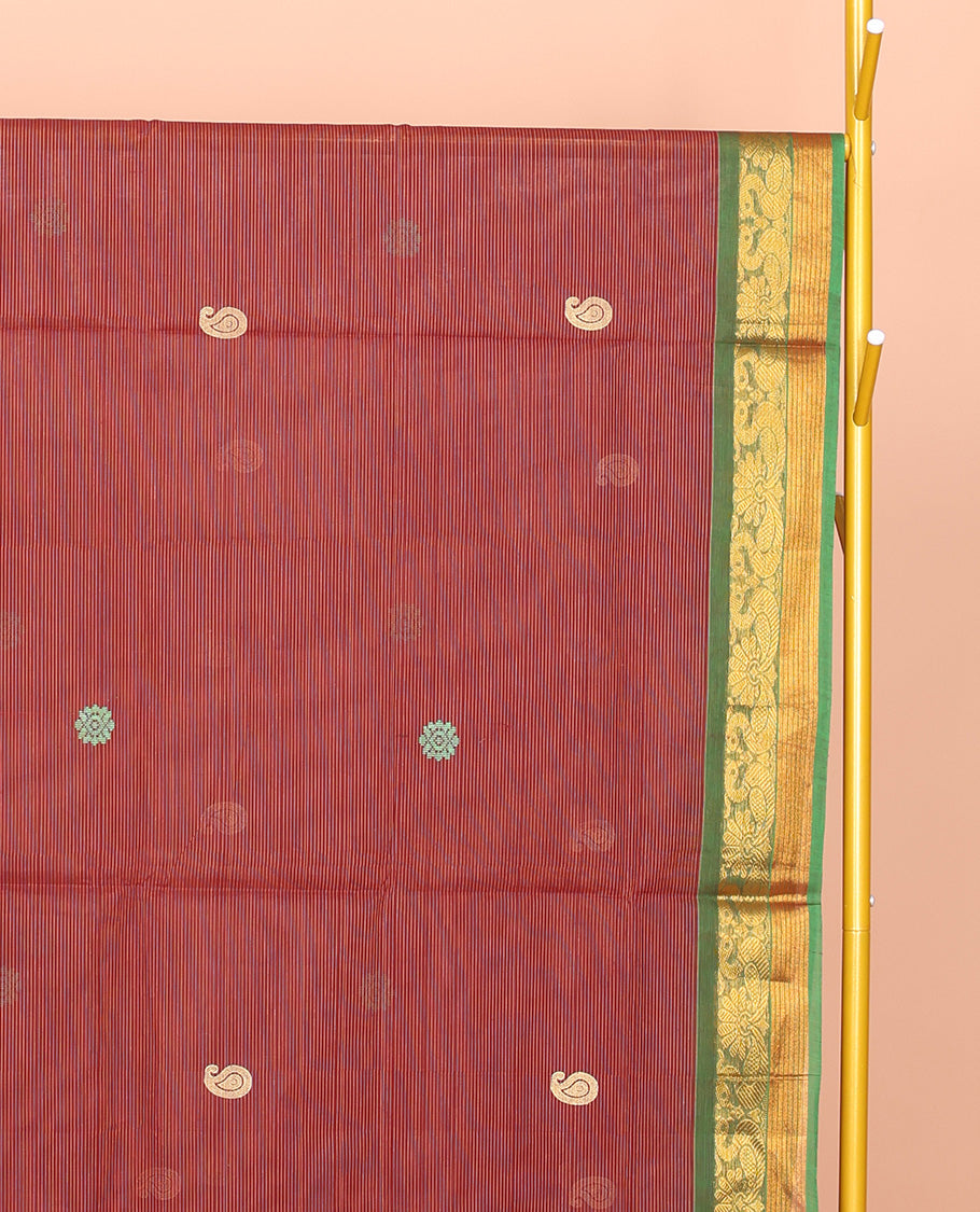 Rust Venkatagiri Cotton Saree, Woven with Buttas and Stripes, a Contrast Traditional Zari Border, Pallu of Buttas and Stripes, and No Blouse