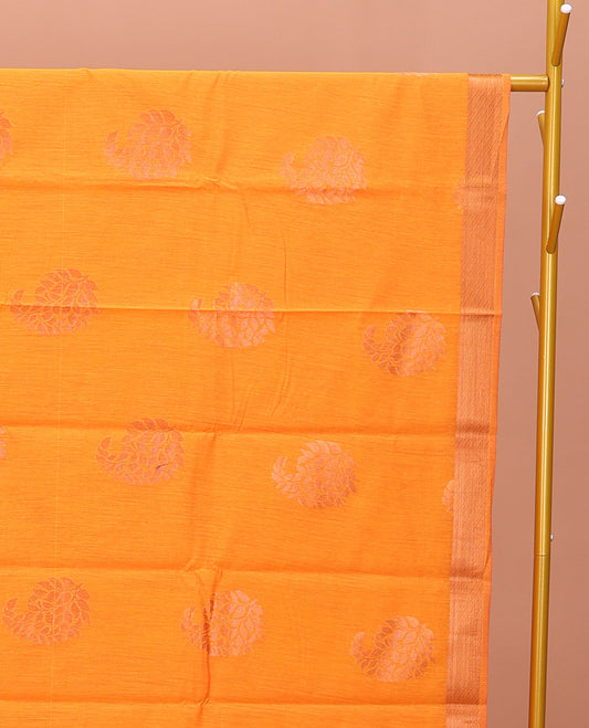 Yellow Semi-Silk Cotton Saree, Sparsely Threaded with Paisley Zari Buttas All Over Its Body, Highlighted by a Zari Border, Pallu of Floral and Paisley Design, and Paired with a Matching Blouse