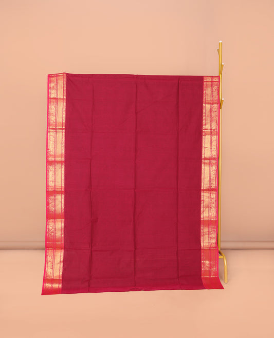 Red Plain Chettinad Cotton Saree, Complemented by Contrast Traditional Zari Design Border, Striped Pallu, and Paired with Matching Blouse