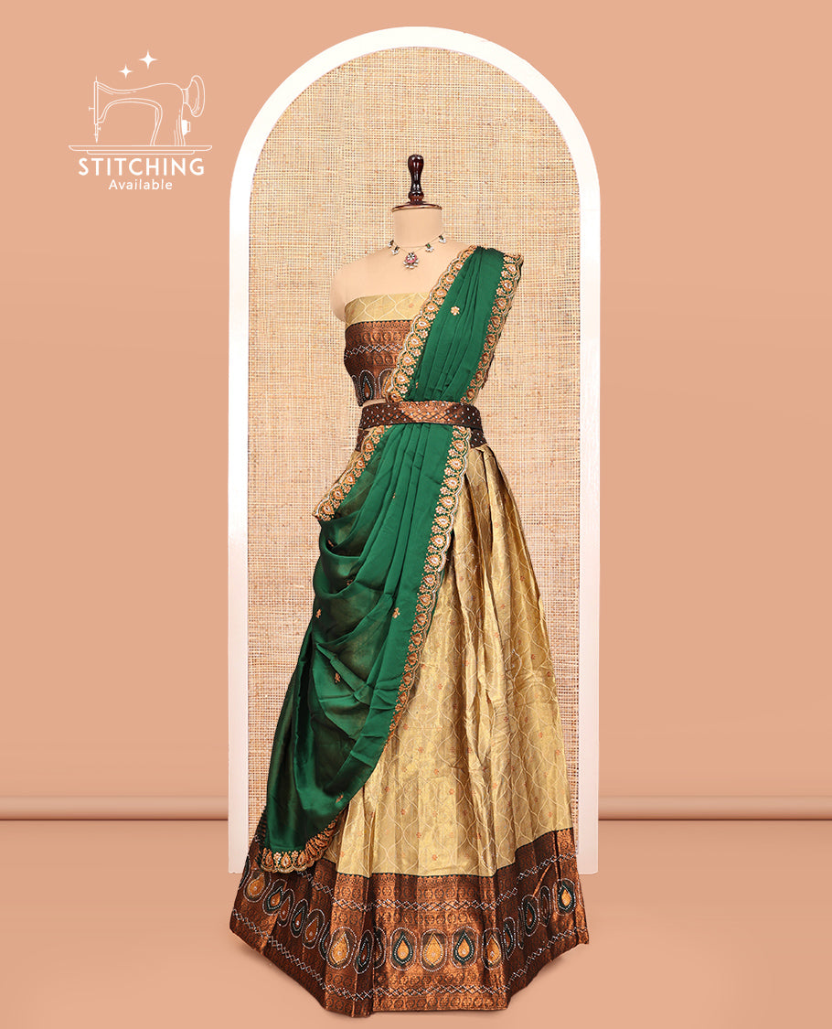 Gold-Green Banarasi Half-Saree, Bedecked with Butta Enclosed Ogee Design, a Contrast Traditional Zari Stone Work Border, a Matching Blouse, and a Contrast Embroidered Dhavani