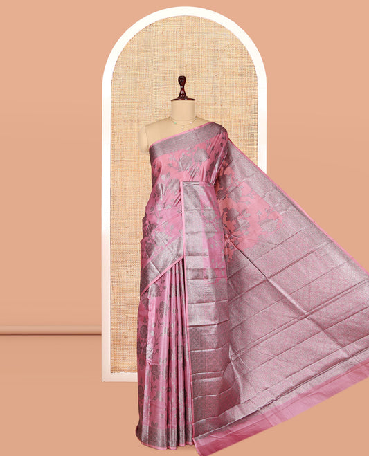 Pink Tusser Silk Saree, Ornamented with Floral Jaal Jacquard Design, a Zari Border, Intricate Pallu, and a Matching Blouse